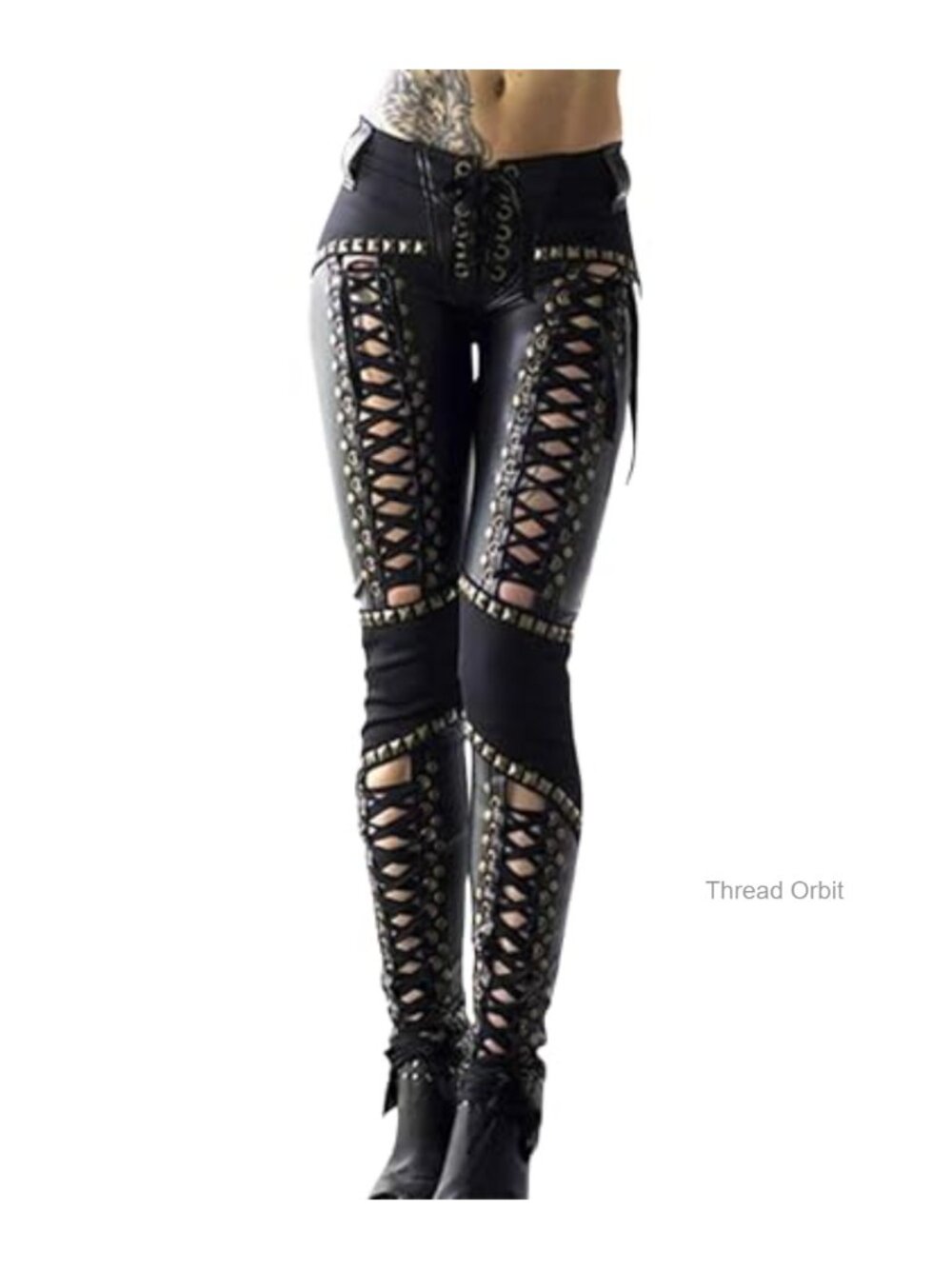 Faux Leather Lace Up Patchwork Studded Punk Legging